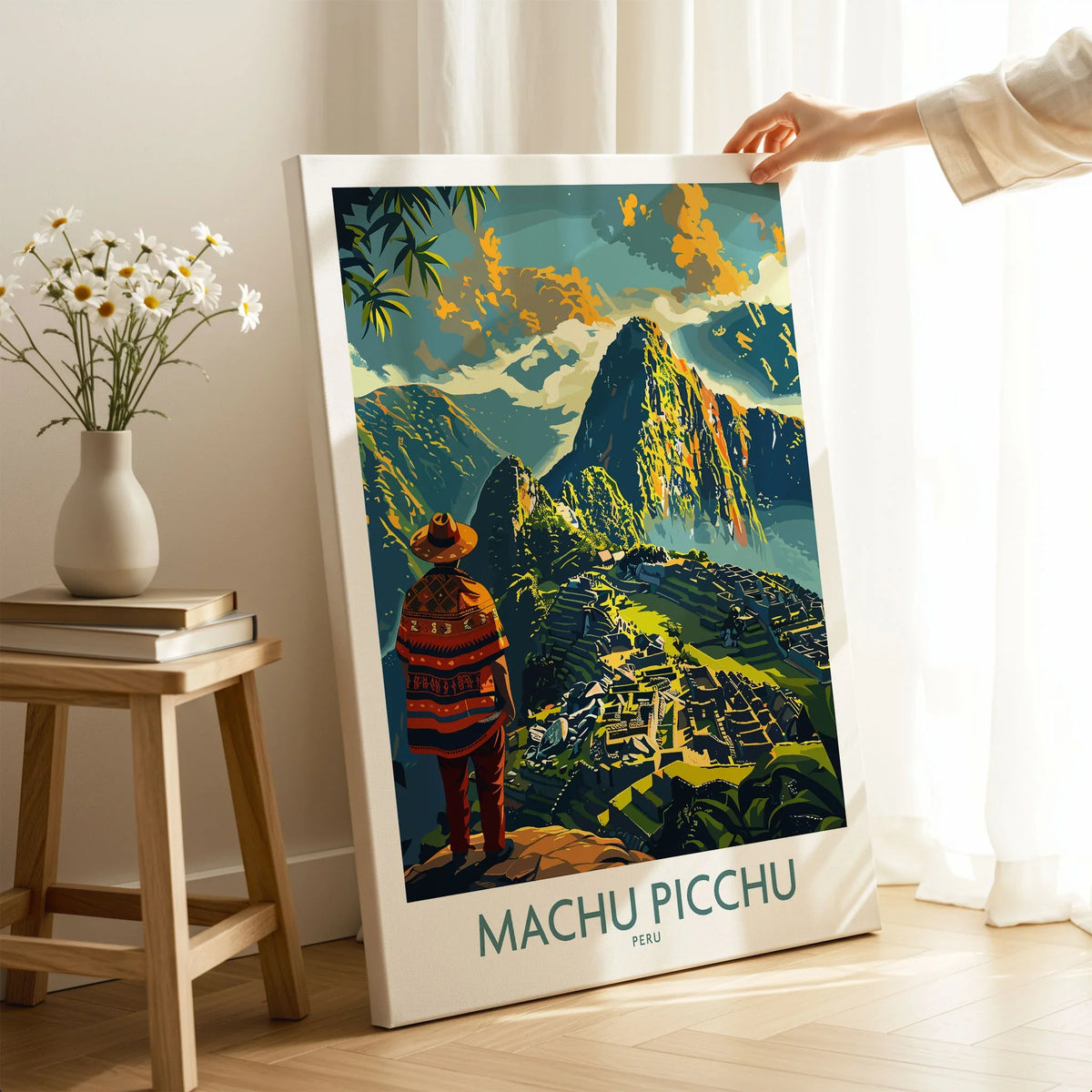 Machu Picchu Travel Poster - canvas print with white edge in room setting