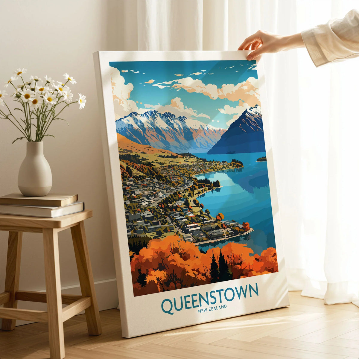 Queenstown New Zealand Lake Wakatipu in autumn modern travel poster, canvas print with white edge in a room