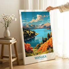 Wanaka Travel Poster New Zealand - canvas print with white edge in room setting