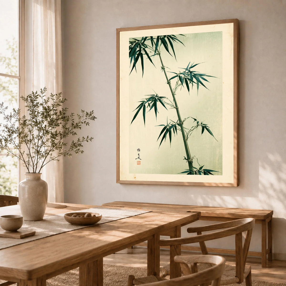 Green Bamboo Art Print – Japanese Botanical Wall Art — dining room framed print natural wood frame