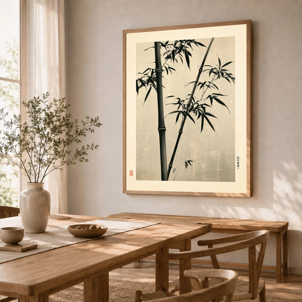 Black Bamboo Art Print – Japanese Ink Wall Art — dining room framed print natural wood frame