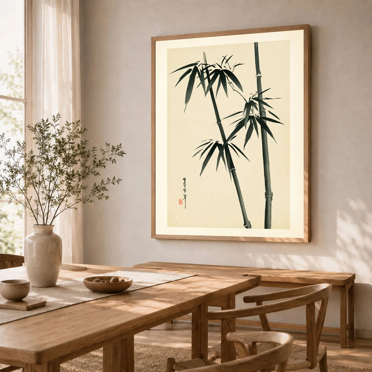 Bamboo Wall Art – Vintage Japanese Ink Print — dining room framed print natural wood frame