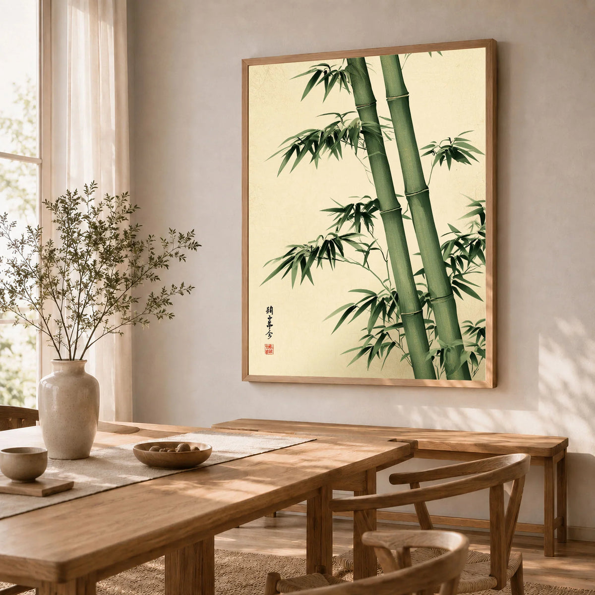 Bamboo Art Print – Green Japanese Botanical Wall Art — dining room framed print natural wood frame
