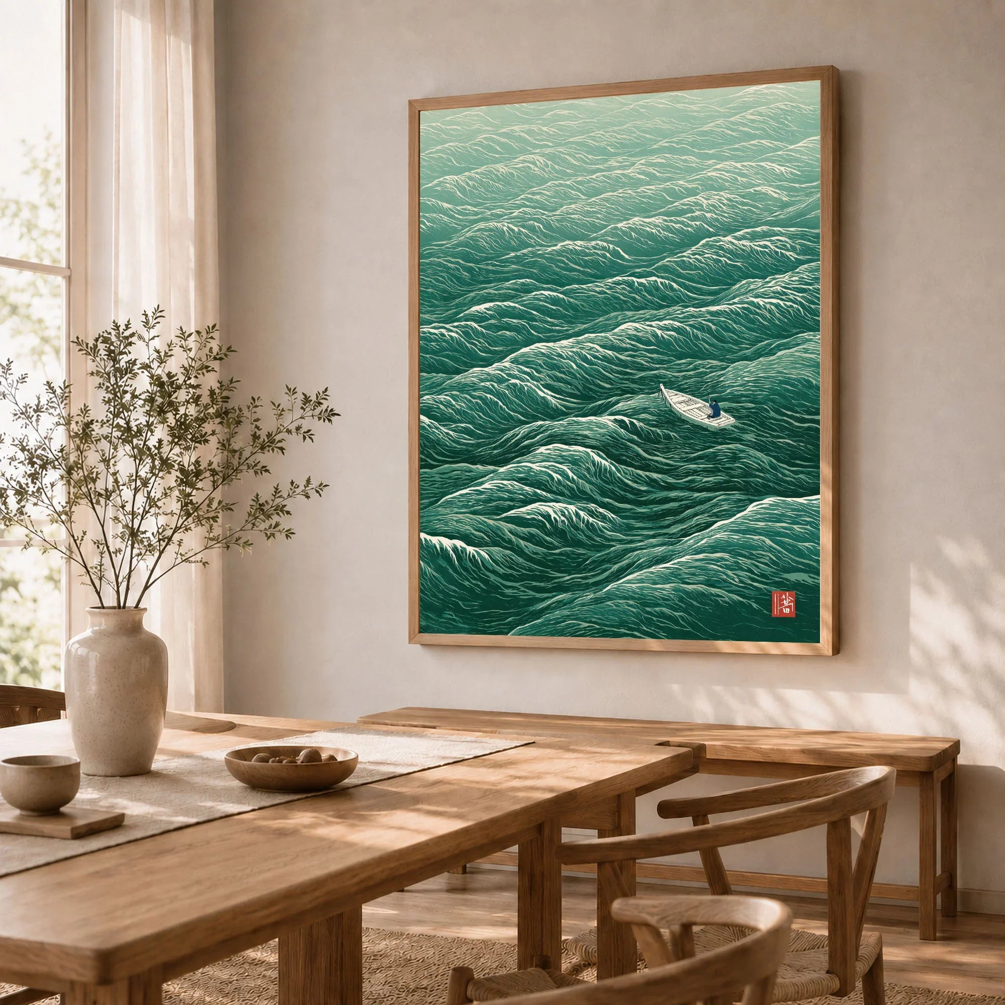 Lone Boat Art Print – Japanese Ocean Wall Art — dining room framed print natural wood frame