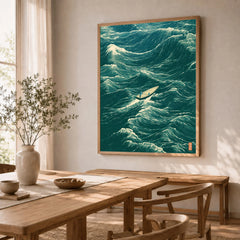 Fishing Boat Wall Art – Vintage Japanese Ocean Print — dining room framed print natural wood frame