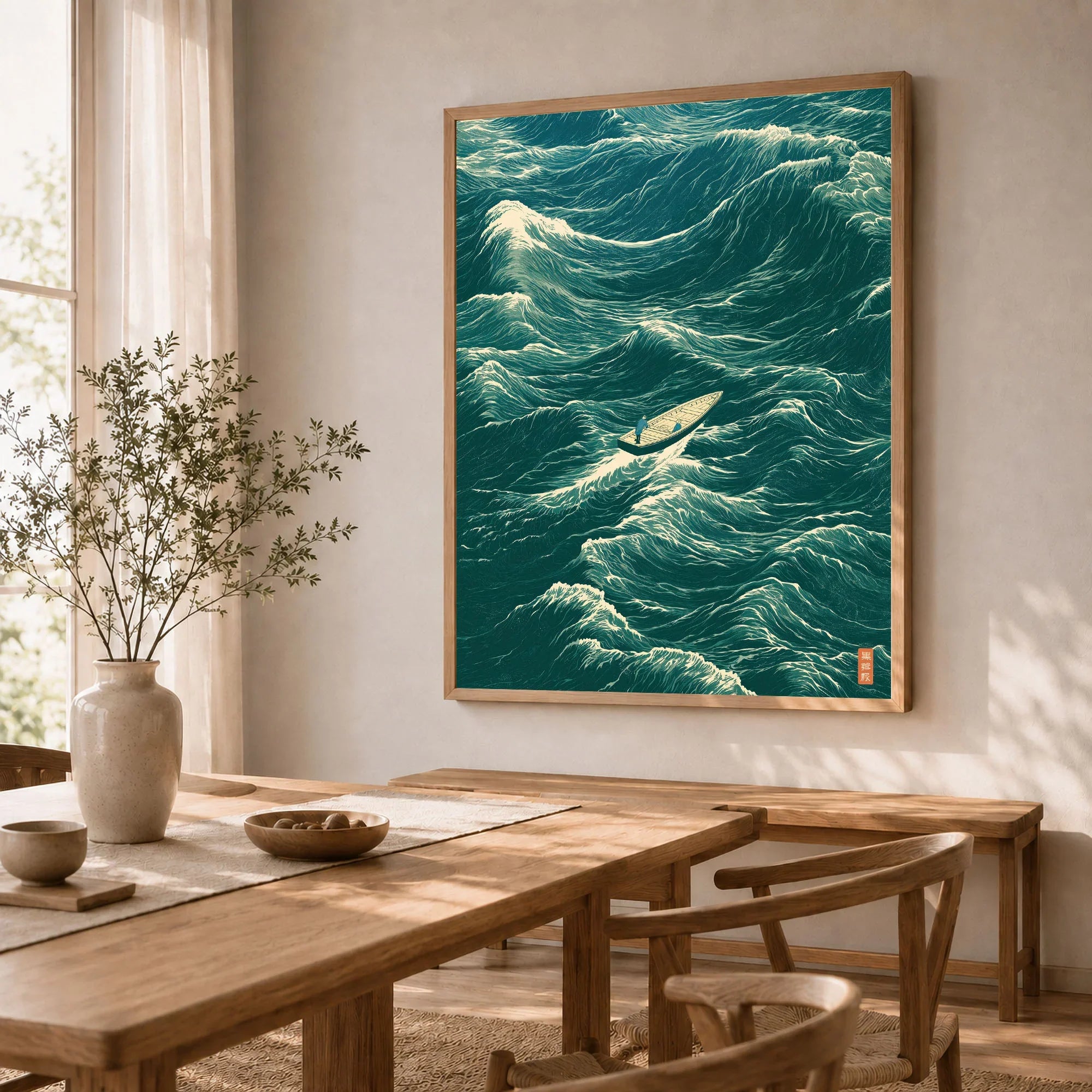 Fishing Boat Wall Art – Vintage Japanese Ocean Print — dining room framed print natural wood frame