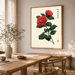 Red Camellia Art Print – Japanese Botanical Wall Art — dining room framed print natural wood frame