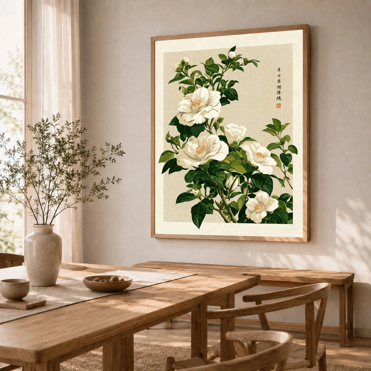 White Camellia Art Print – Vintage Japanese Botanical Wall Art — dining room framed print natural wood frame