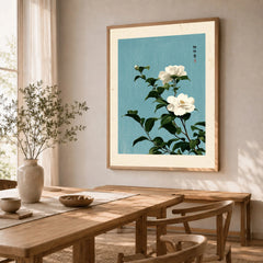 Camellia Wall Art – Blue Japanese Botanical Print — dining room framed print natural wood frame
