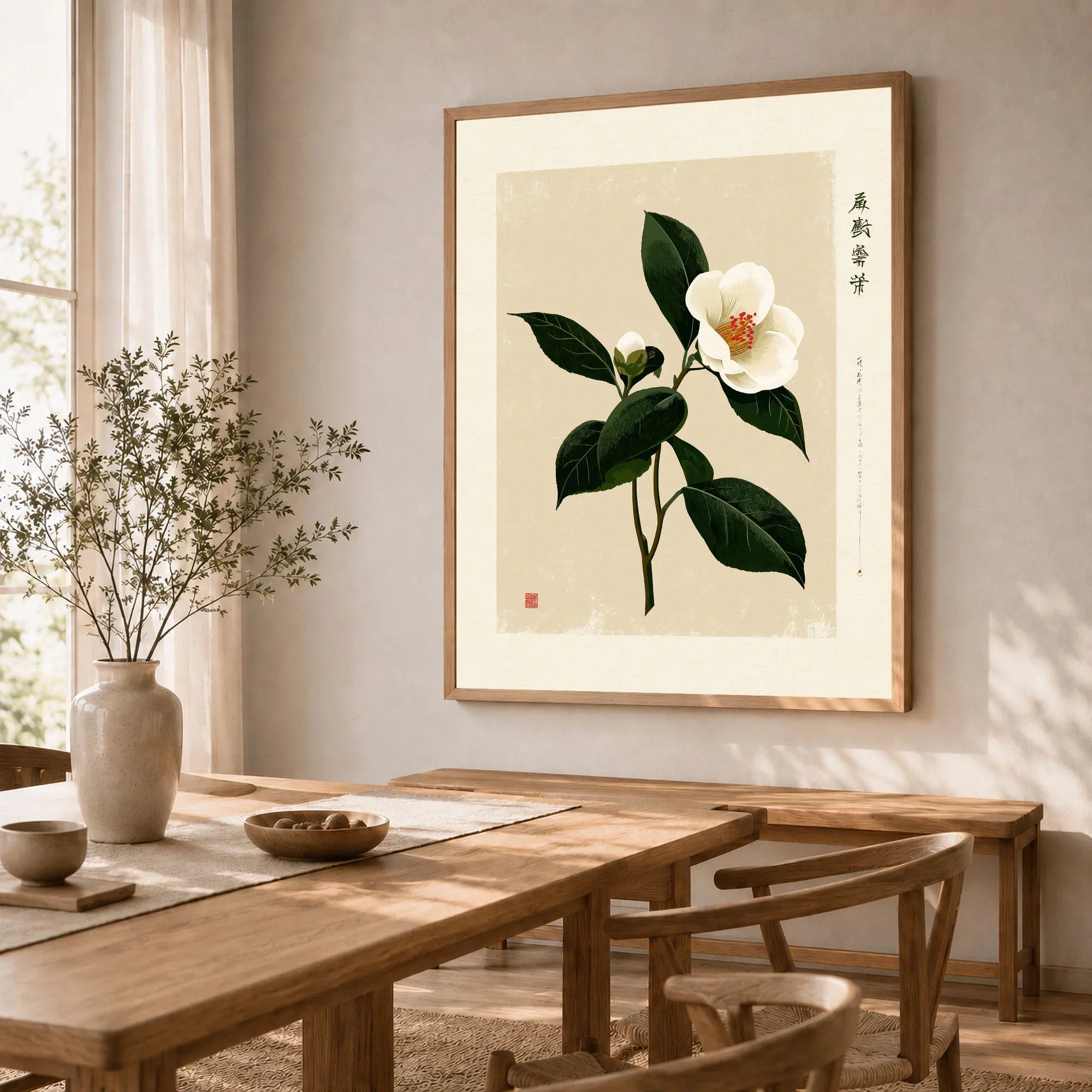 White Camellia Wall Art – Minimalist Japanese Botanical Print — dining room framed print natural wood frame