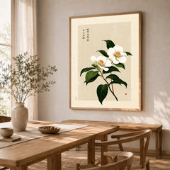 Camellia Art Print – Vintage Japanese Flower Wall Art — dining room framed print natural wood frame