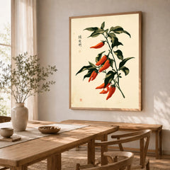 Red Chilli Art Print – Japanese Botanical Kitchen Wall Art — dining room framed print natural wood frame