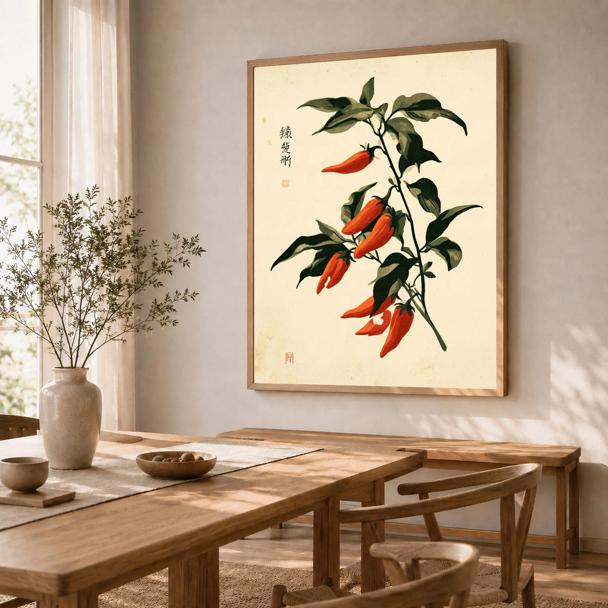 Red Chilli Art Print – Japanese Botanical Kitchen Wall Art — dining room framed print natural wood frame