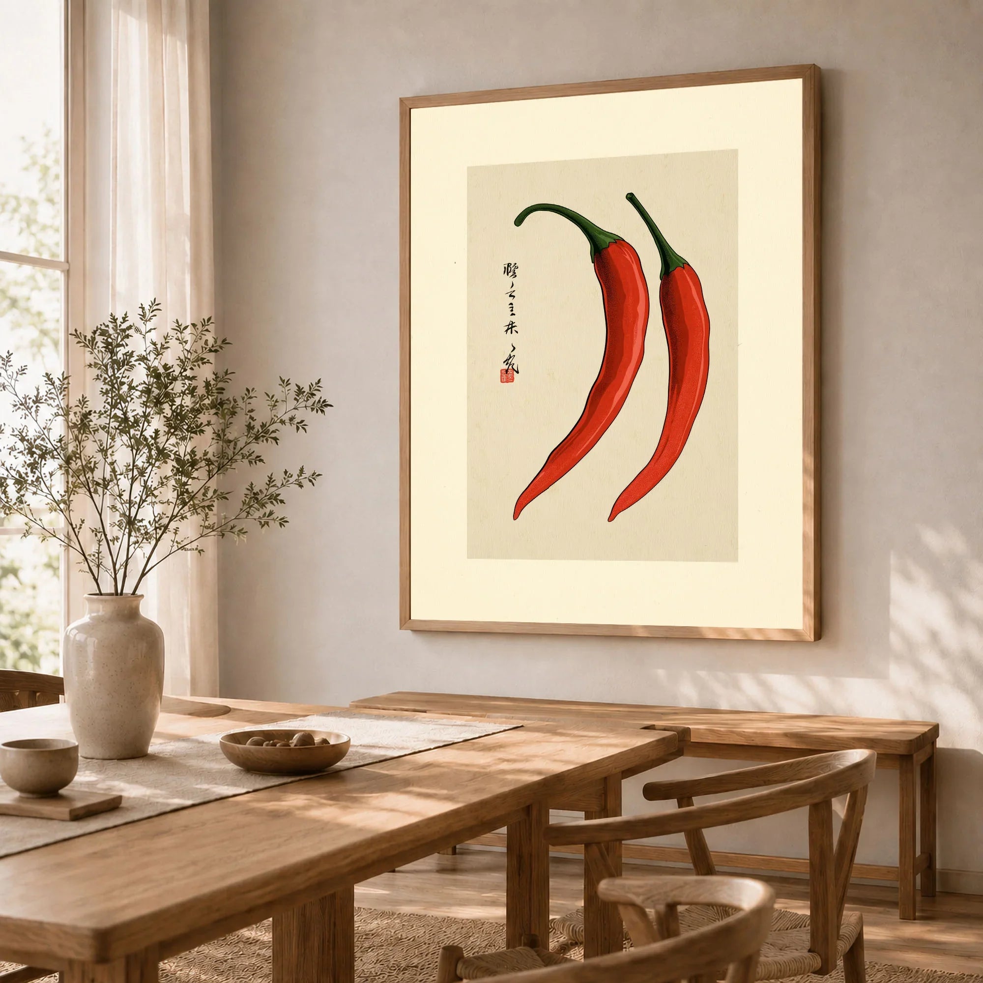 Chilli Pepper Wall Art – Minimalist Japanese Kitchen Print — dining room framed print natural wood frame