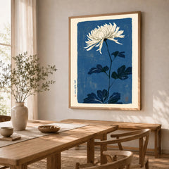 Chrysanthemum Art Print – Blue Japanese Botanical Wall Art — dining room framed print natural wood frame