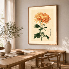 Orange Chrysanthemum Art Print – Vintage Japanese Wall Art — dining room framed print natural wood frame