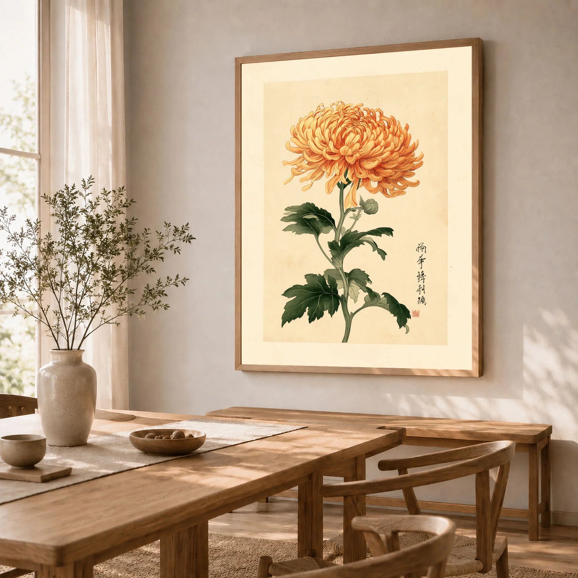 Orange Chrysanthemum Art Print – Vintage Japanese Wall Art — dining room framed print natural wood frame