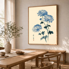 Blue Chrysanthemum Art Print – Japanese Botanical Wall Art — dining room framed print natural wood frame