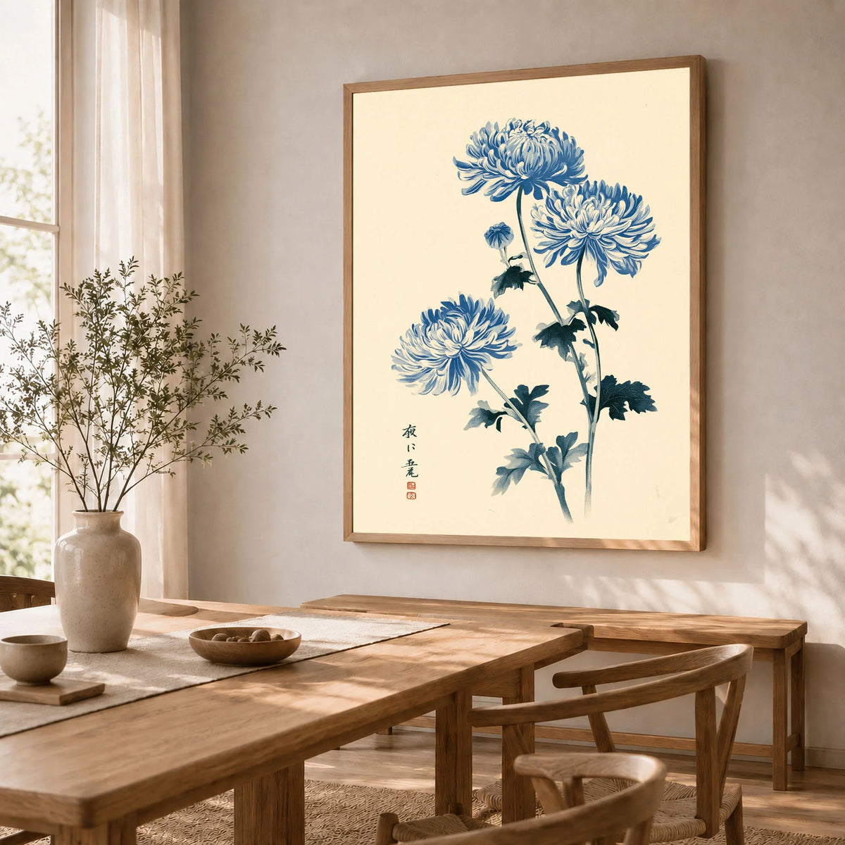 Blue Chrysanthemum Art Print – Japanese Botanical Wall Art — dining room framed print natural wood frame