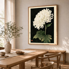 White Chrysanthemum Wall Art – Black Japanese Botanical Print — dining room framed print natural wood frame