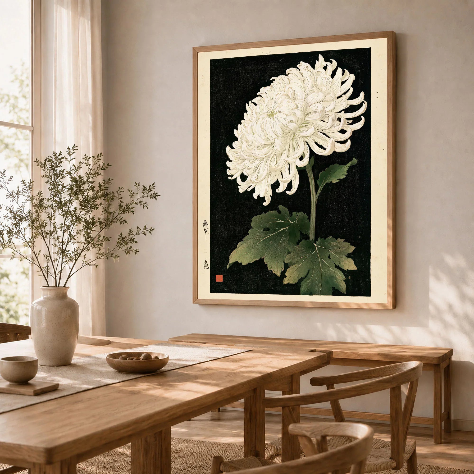White Chrysanthemum Wall Art – Black Japanese Botanical Print — dining room framed print natural wood frame