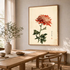 Red Chrysanthemum Art Print – Vintage Japanese Flower Wall Art — dining room framed print natural wood frame