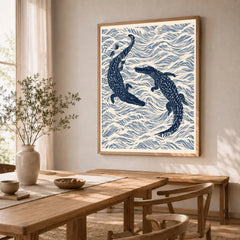 Crocodile Art Print – Blue Japanese Woodblock Wall Art — dining room framed print natural wood frame