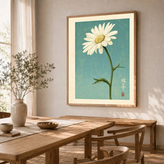 Daisy Art Print – Blue Japanese Botanical Wall Art — dining room framed print natural wood frame
