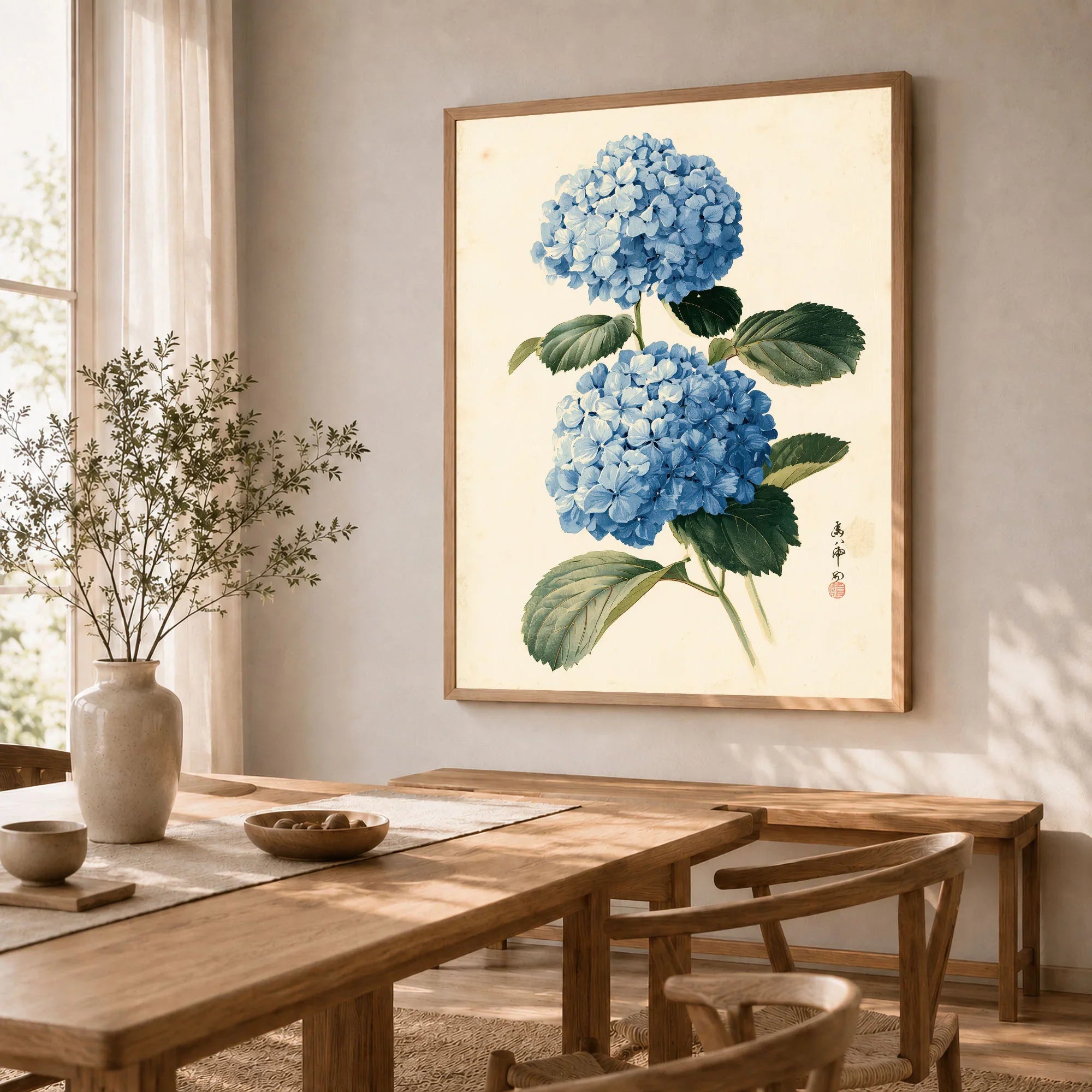 Blue Hydrangea Art Print – Japanese Botanical Wall Art — dining room framed print natural wood frame