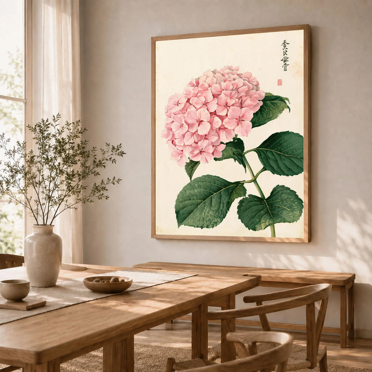 Pink Hydrangea Art Print – Vintage Japanese Botanical Wall Art — dining room framed print natural wood frame