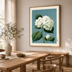 White Hydrangea Wall Art – Blue Japanese Botanical Print — dining room framed print natural wood frame