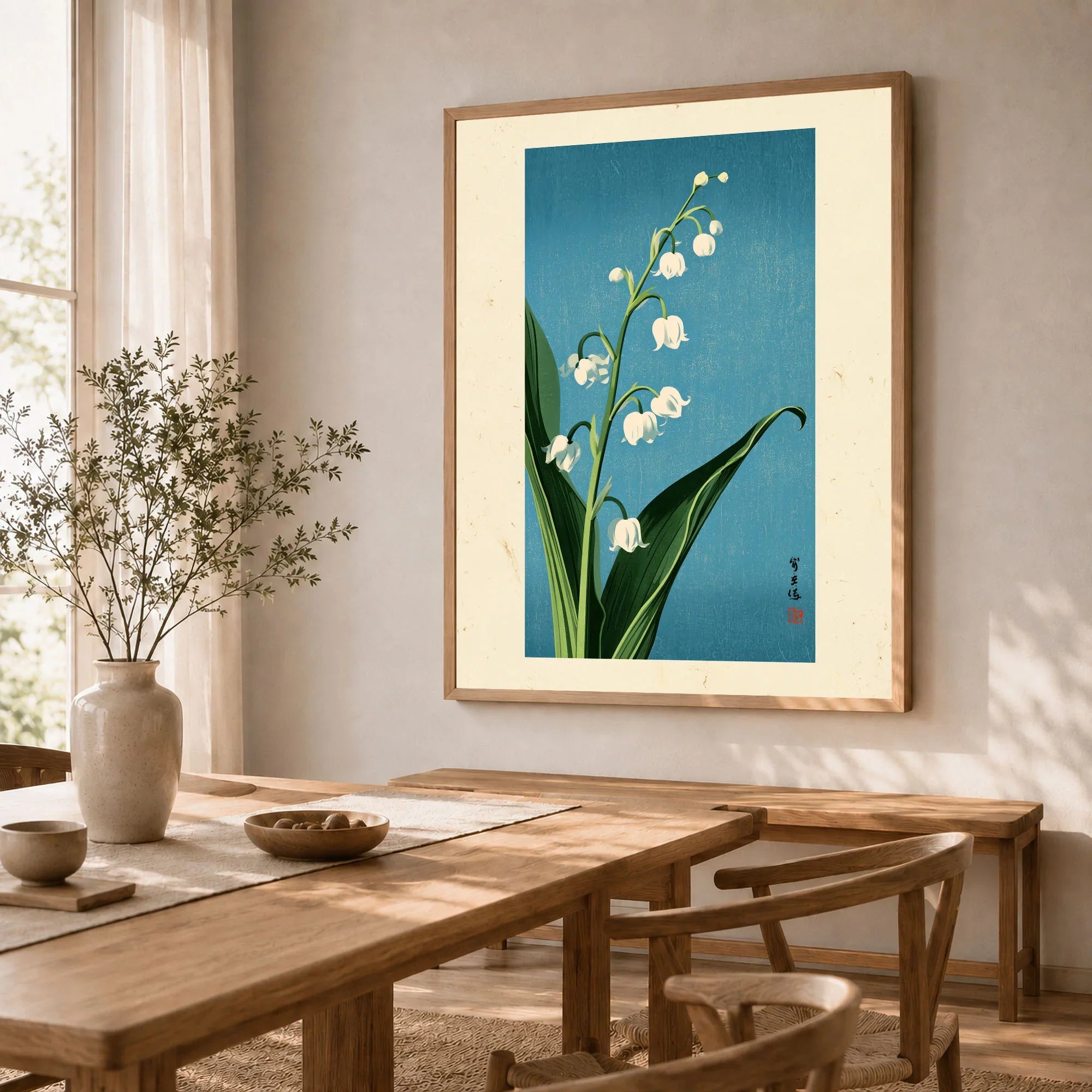 Lily of the Valley Art Print – Blue Japanese Botanical Wall Art — dining room framed print natural wood frame