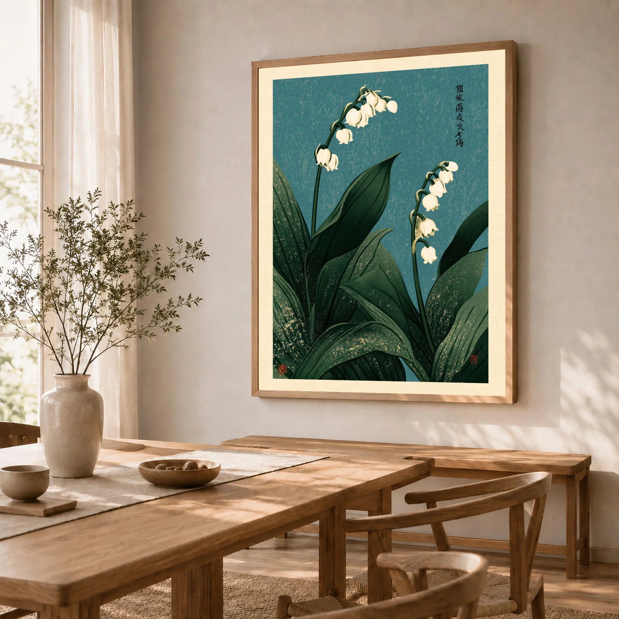 Lily of the Valley Wall Art – Vintage Japanese Botanical Print — dining room framed print natural wood frame