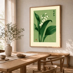 Lily of the Valley Art Print – Green Japanese Botanical Wall Art — dining room framed print natural wood frame