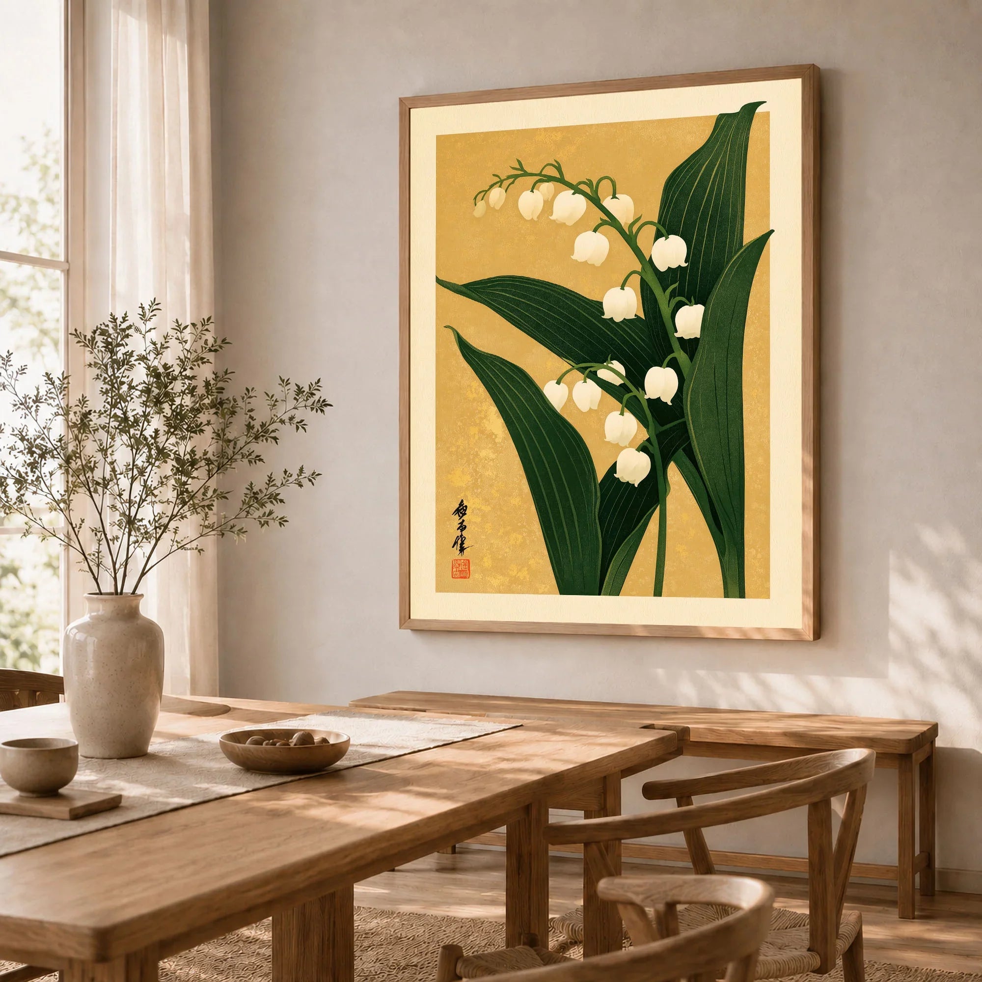 Lily of the Valley Print – Gold Japanese Botanical Wall Art — dining room framed print natural wood frame