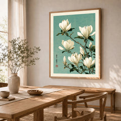 Magnolia Art Print – Blue Japanese Botanical Wall Art — dining room framed print natural wood frame