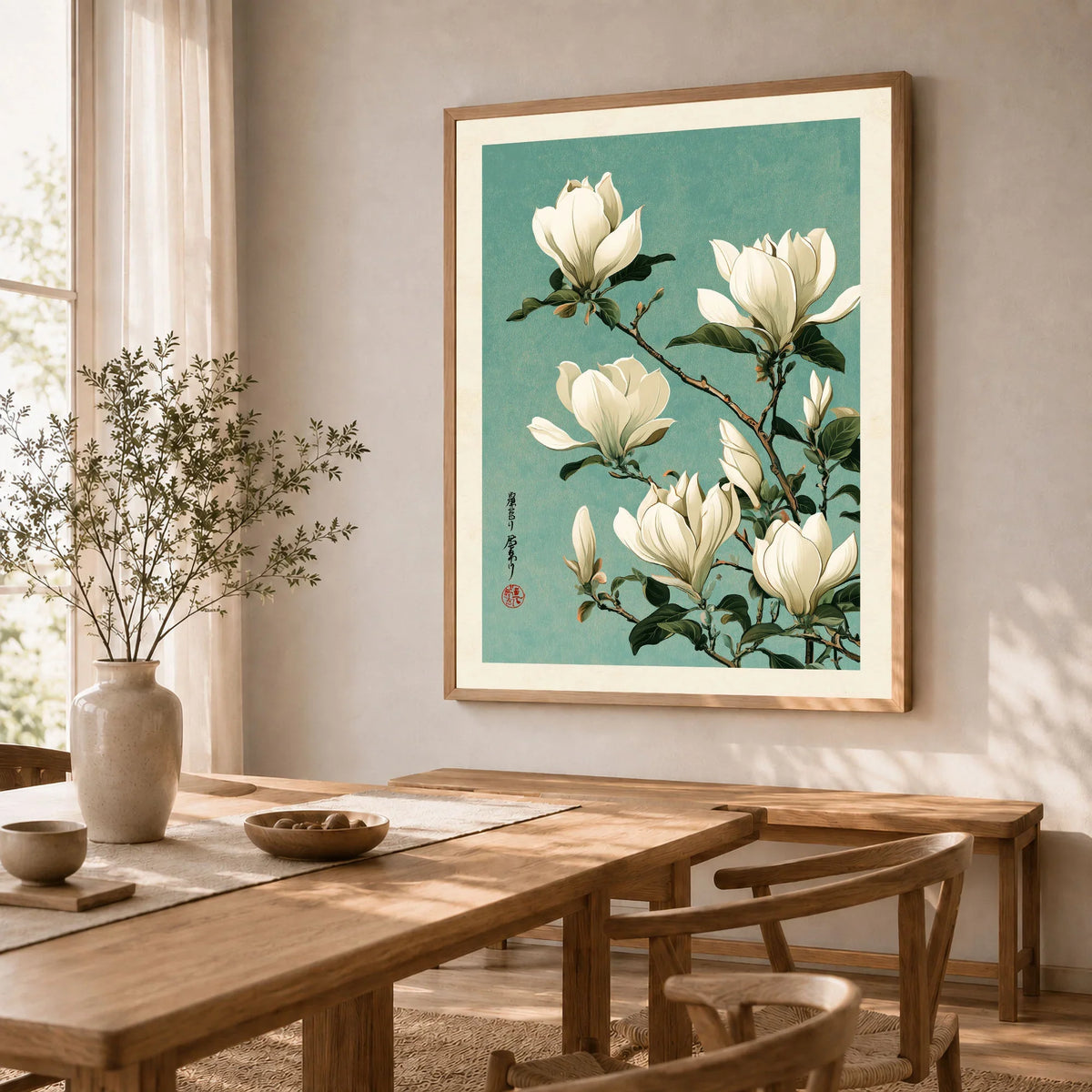 Magnolia Art Print – Blue Japanese Botanical Wall Art — dining room framed print natural wood frame