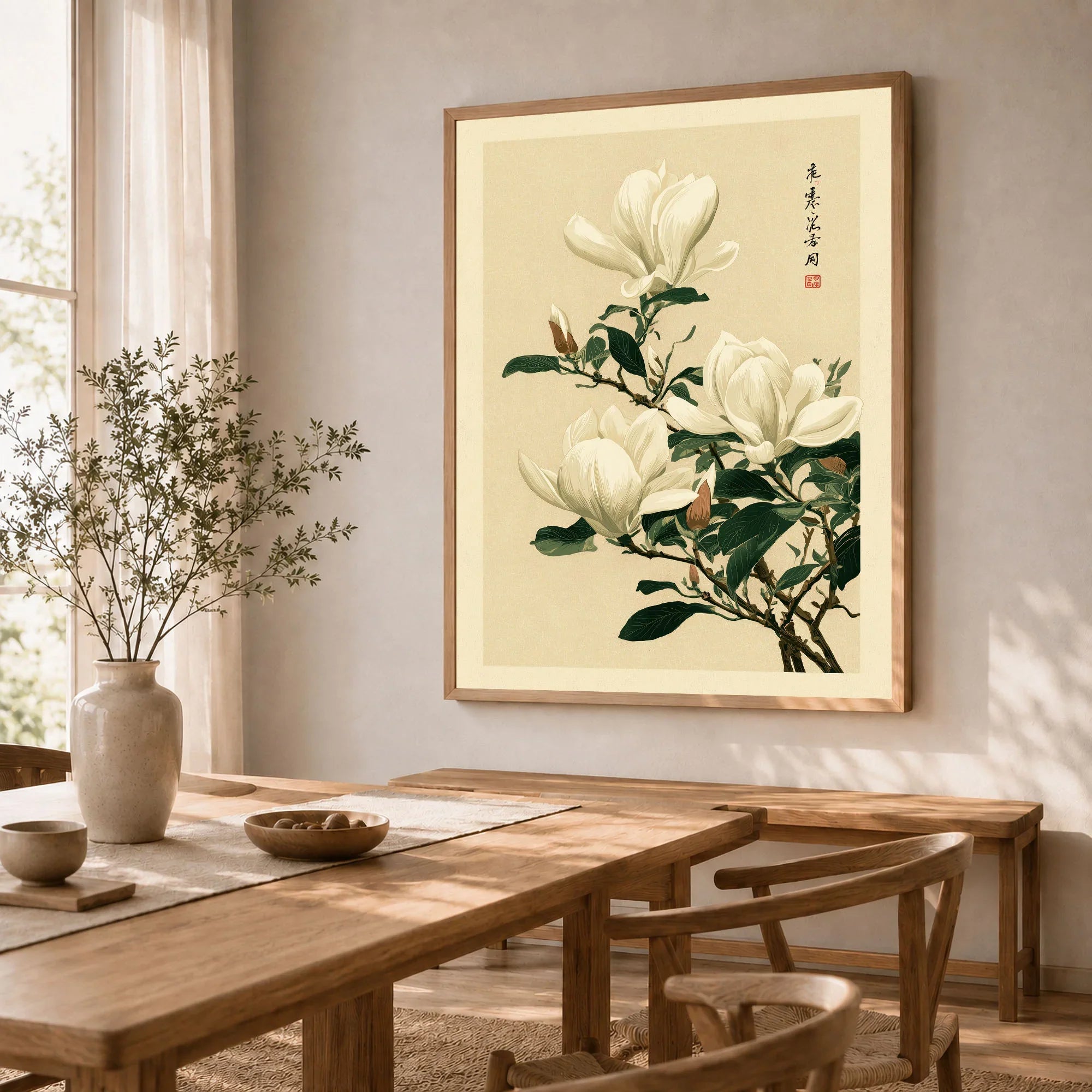 Magnolia Wall Art – Vintage Japanese Botanical Print — dining room framed print natural wood frame