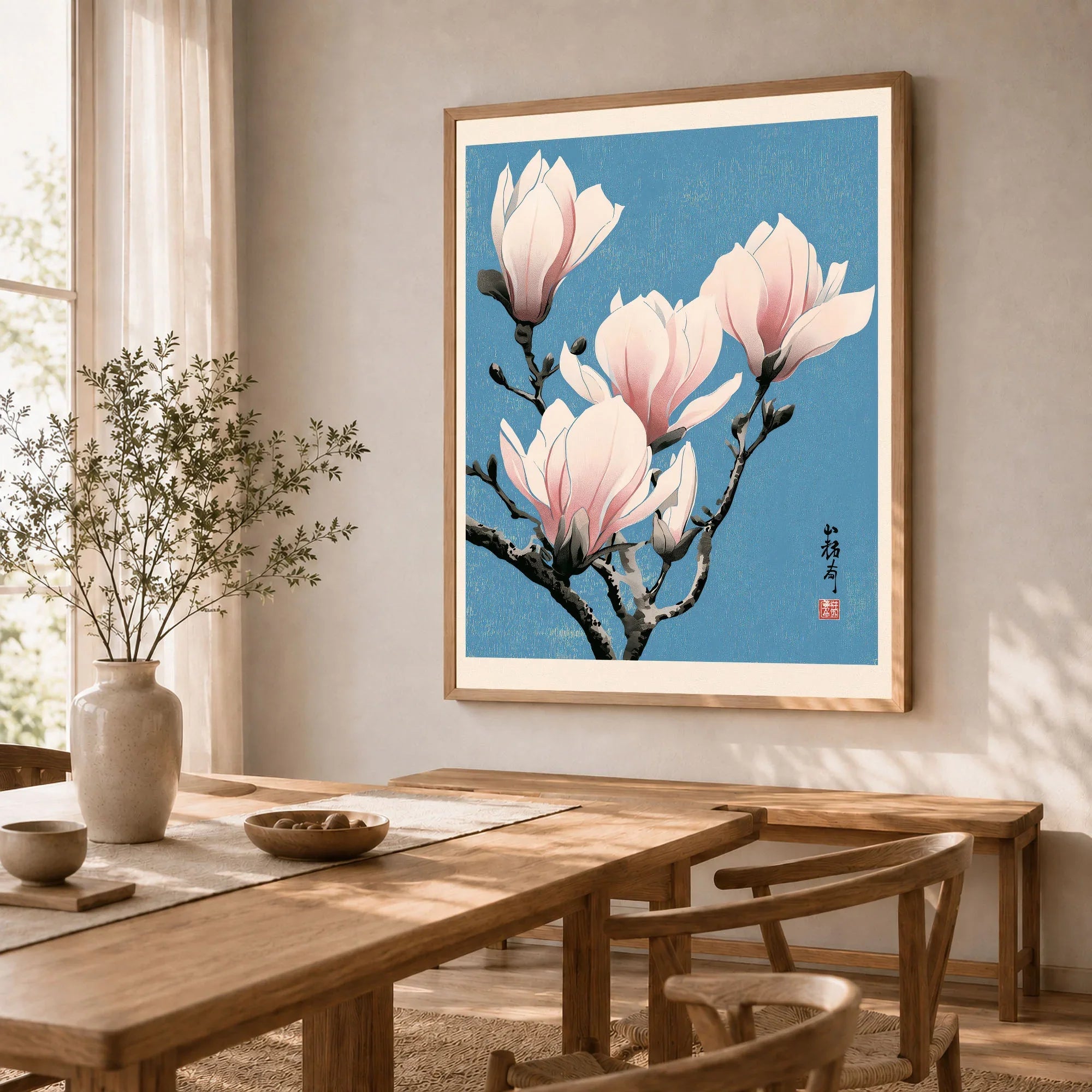 Pink Magnolia Art Print – Blue Japanese Botanical Wall Art — dining room framed print natural wood frame