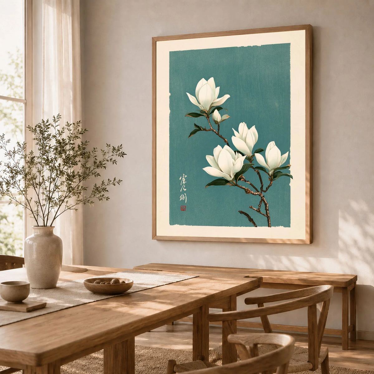 White Magnolia Art Print – Teal Japanese Botanical Wall Art — dining room framed print natural wood frame