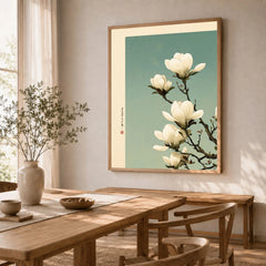 Magnolia Blossom Art Print – Soft Japanese Botanical Wall Art — dining room framed print natural wood frame