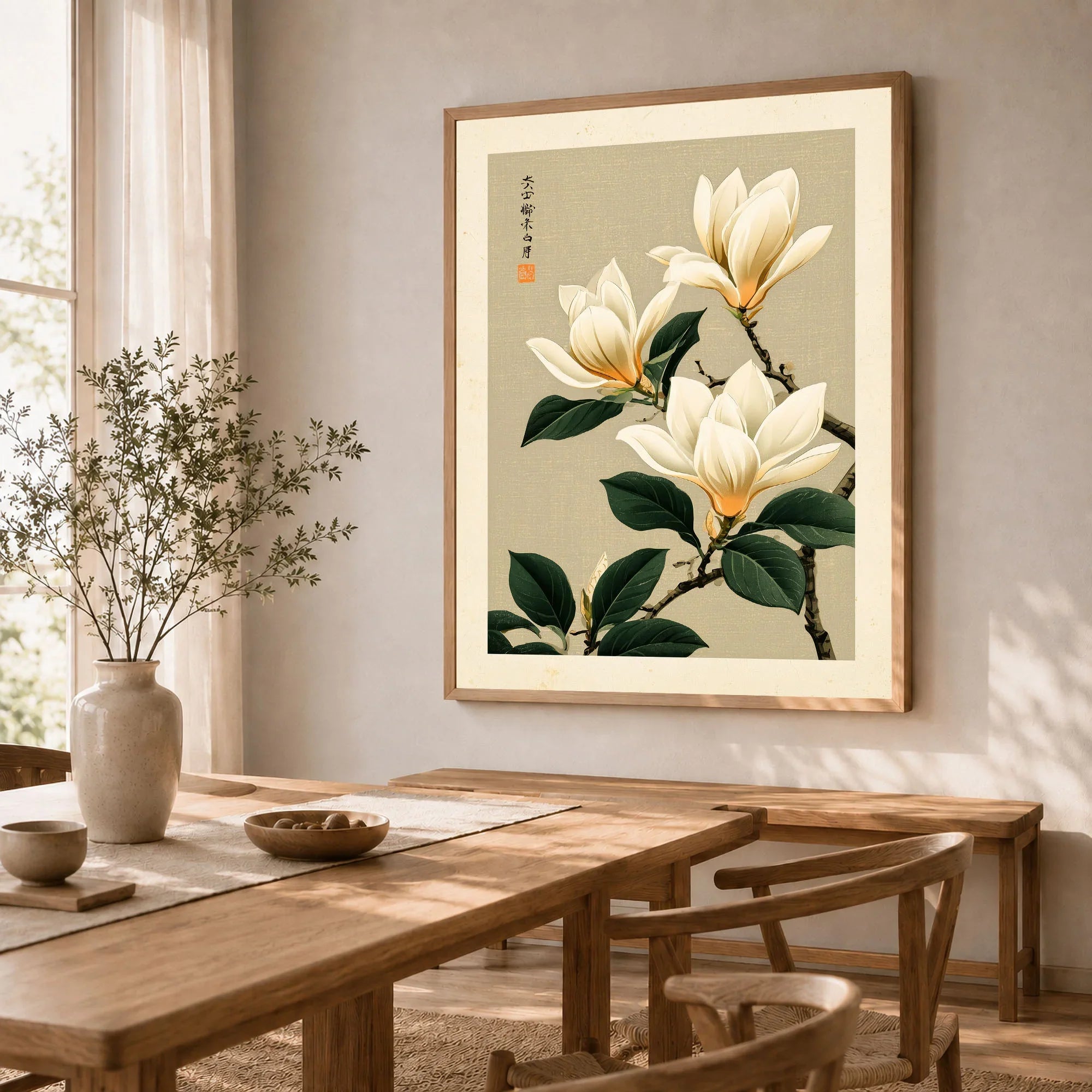 Magnolia Flower Wall Art – Neutral Japanese Botanical Print — dining room framed print natural wood frame