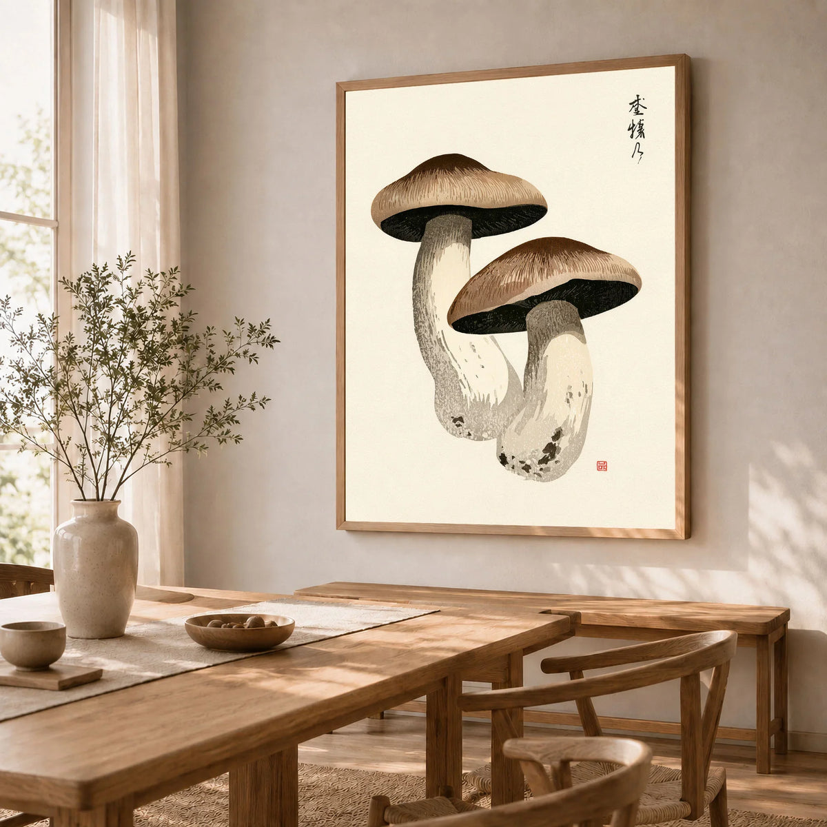 Mushroom Art Print – Vintage Japanese Botanical Wall Art — dining room framed print natural wood frame
