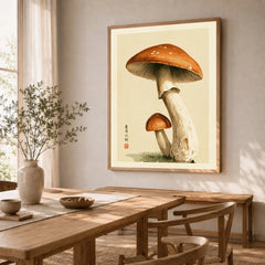 Mushroom Wall Art – Vintage Japanese Woodland Print — dining room framed print natural wood frame