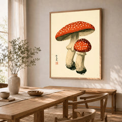 Fly Agaric Mushroom Art Print – Red Japanese Wall Art — dining room framed print natural wood frame