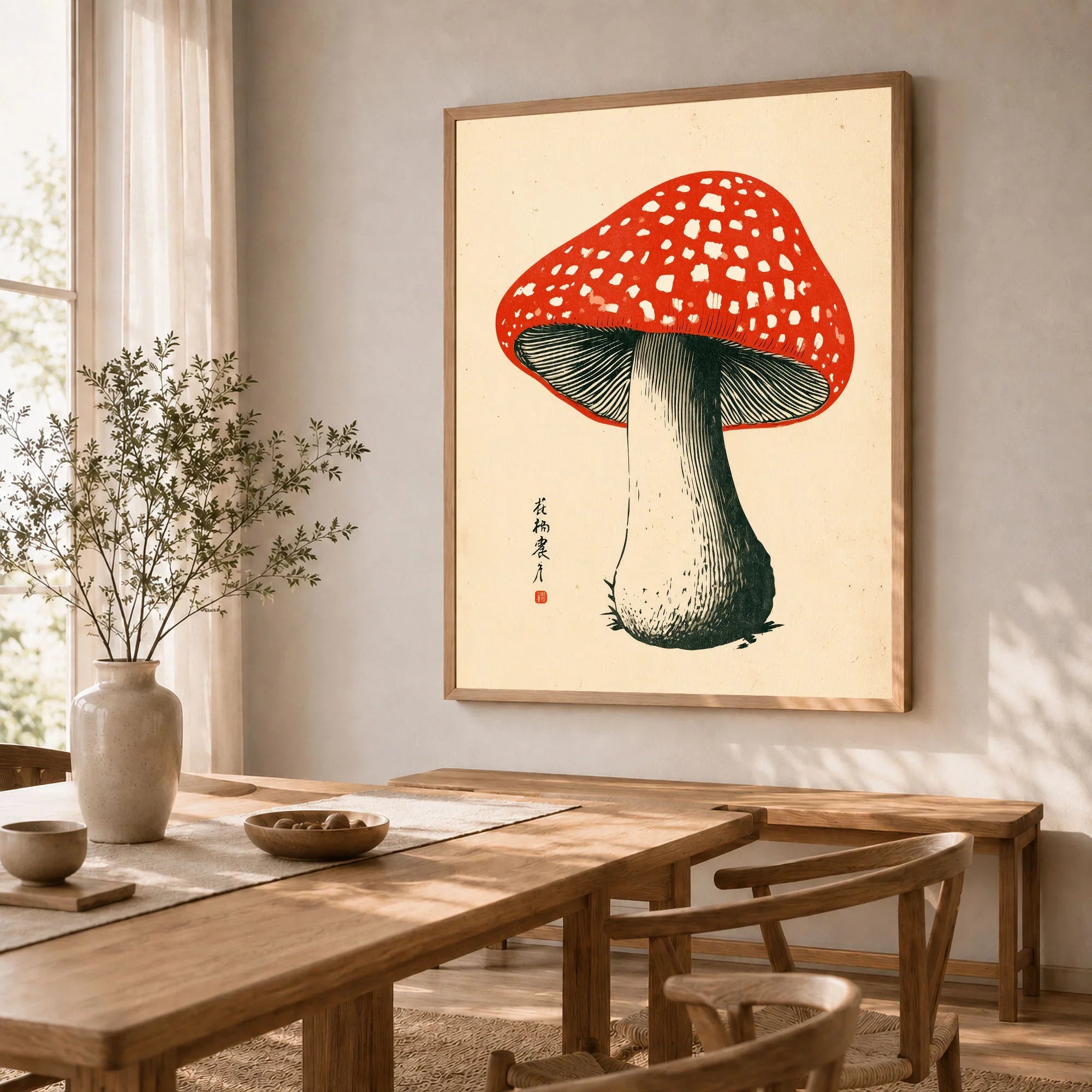 Red Mushroom Art Print – Japanese Woodblock Wall Art — dining room framed print natural wood frame
