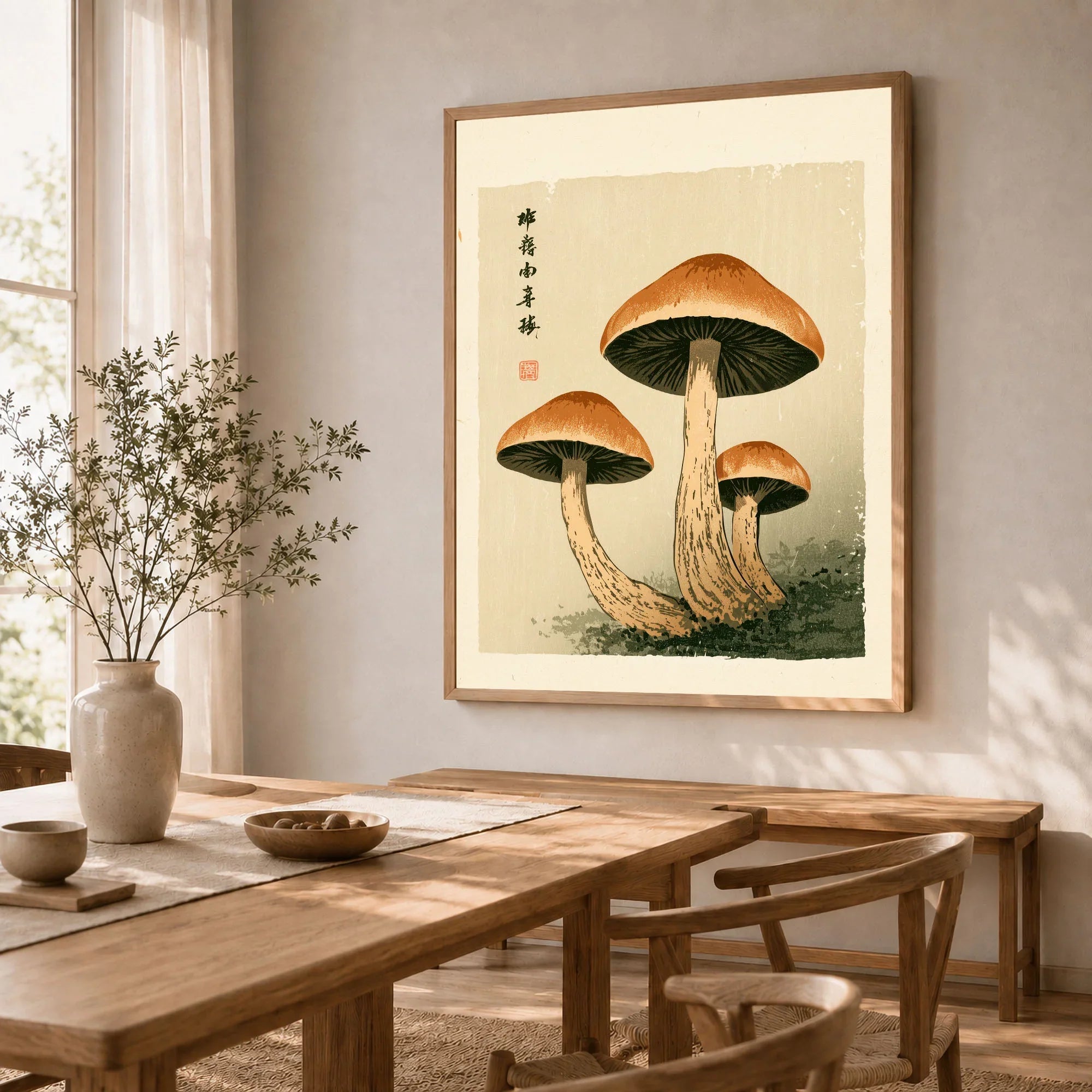 Mushroom Print – Japanese Forest Botanical Wall Art — dining room framed print natural wood frame