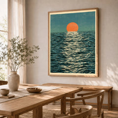 Ocean Sunset Art Print – Japanese Seascape Wall Art — dining room framed print natural wood frame