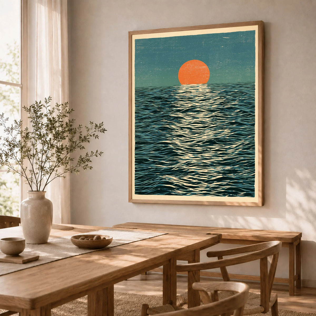 Ocean Sunset Art Print – Japanese Seascape Wall Art — dining room framed print natural wood frame