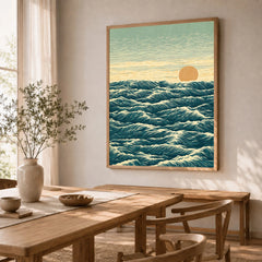 Japanese Ocean Art Print – Vintage Seascape Wall Art — dining room framed print natural wood frame